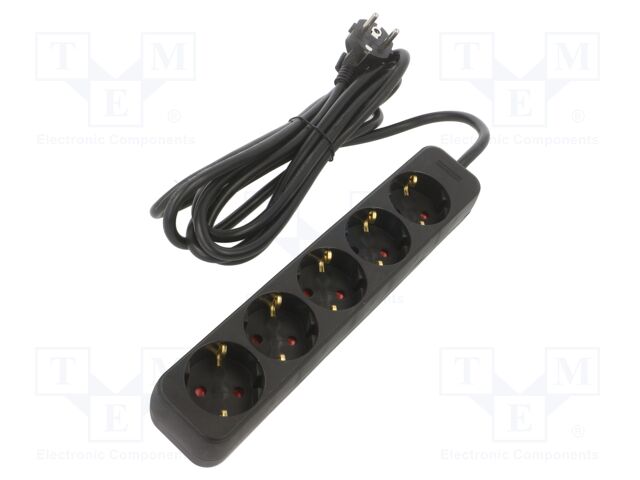 Extension lead; 3x1mm2; Schuko; Sockets: 5; rubber; black; 3m; 10A