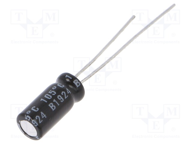 Capacitor: electrolytic; THT; 47uF; 10VDC; Ø5x11mm; Pitch: 2mm; ±20%