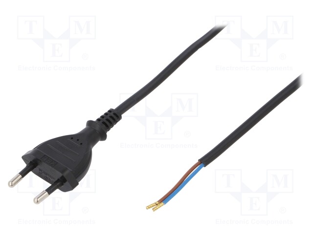 Cable; CEE 7/16 (C) plug,wires; 3m; black; PVC; 2x0,75mm2; 2.5A