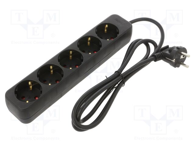 Extension lead; 3x1mm2; Schuko; Sockets: 5; rubber; black; 1.5m; 10A