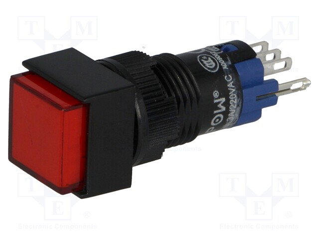 Switch: push-button; Pos: 2; SPDT; 0.5A/250VAC; 1A/24VDC; red; red