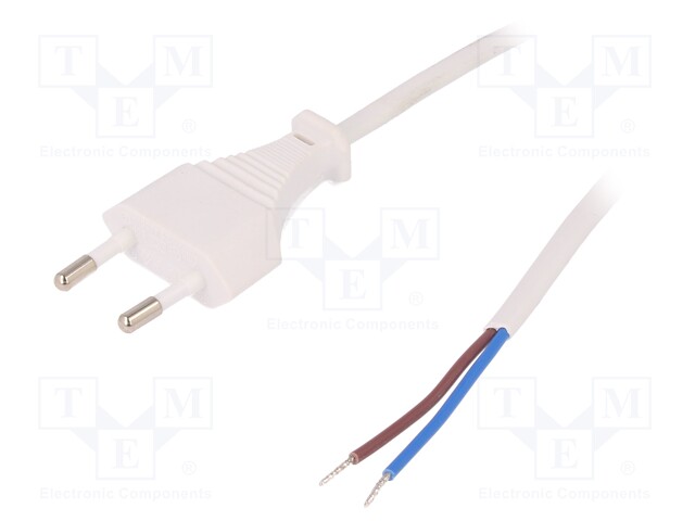 Cable; CEE 7/16 (C) plug,wires; 1.5m; white; 2.5A; 250V