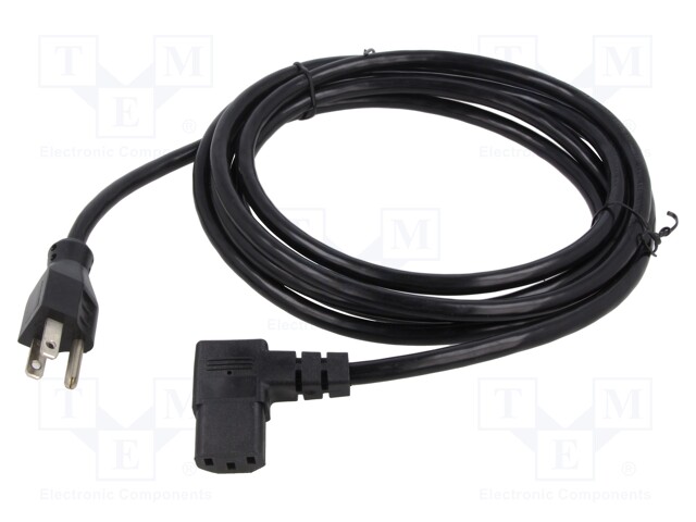 Cable; IEC C13 female 90°,NEMA 5-15 (B) plug; PVC; 3m; black
