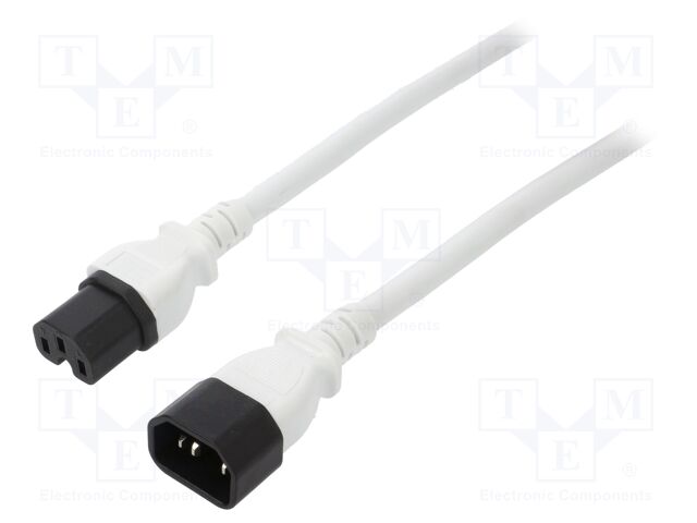 Cable; 3x14AWG; IEC C14 male,IEC C15 female; PVC; 1.8m; white; 15A