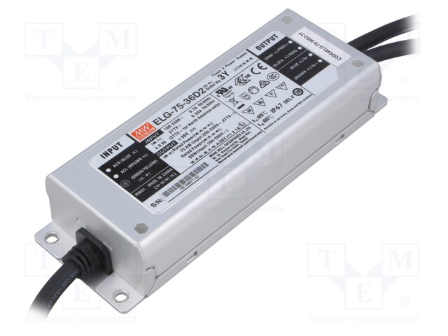 Power supply: switched-mode; LED; 75.6W; 36VDC; 2.1A; 100÷305VAC