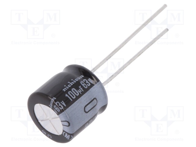 Capacitor: electrolytic; THT; 100uF; 63VDC; Ø10x9mm; Pitch: 5mm