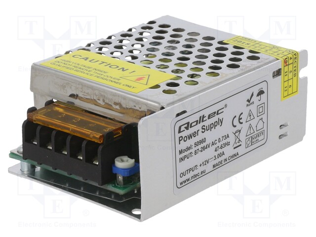 Power supply: switched-mode; LED; 36W; 12VDC; 3A; 220÷240VAC; IP20