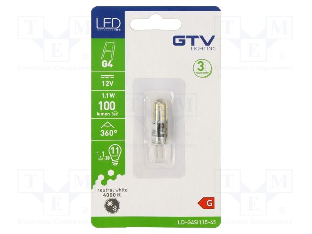 LED lamp; neutral white; G4; 12VDC; 100lm; 1.1W; 360°; 4000K