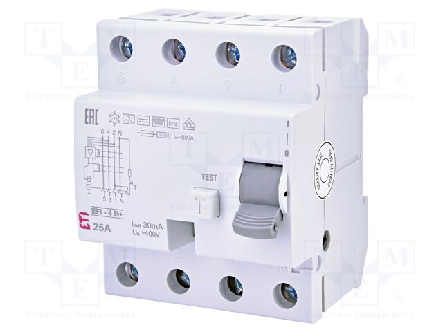 RCD breaker; Inom: 25A; Ires: 30mA; Poles: 4; 230V,400V; IP20; EFI