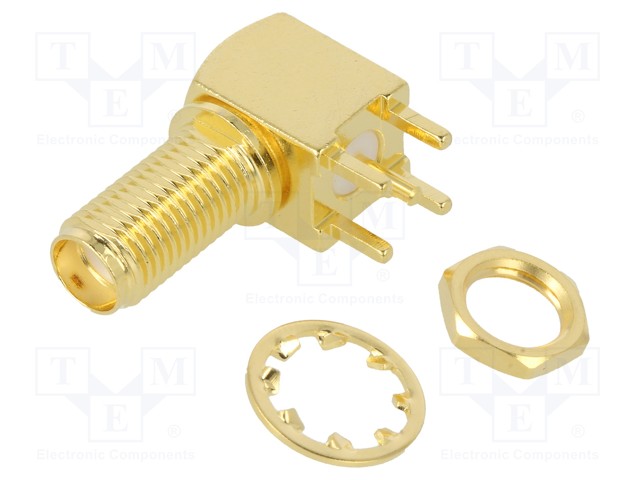 Socket; SMA; female; angled 90°; 50Ω; THT; on PCBs; teflon