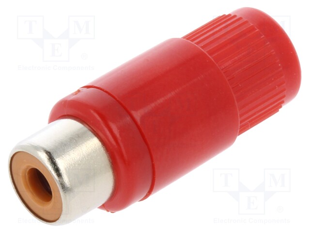 Plug; RCA; female; straight; soldering; red; nickel plated