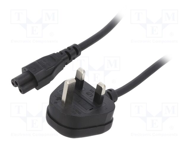 Cable; 3x0.75mm2; BS 1363 (G) plug,IEC C5 female; PVC; 1.8m; 3A