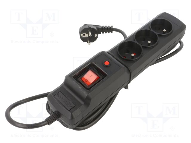Plug socket strip: protective; Sockets: 3; 250VAC; 10A; black