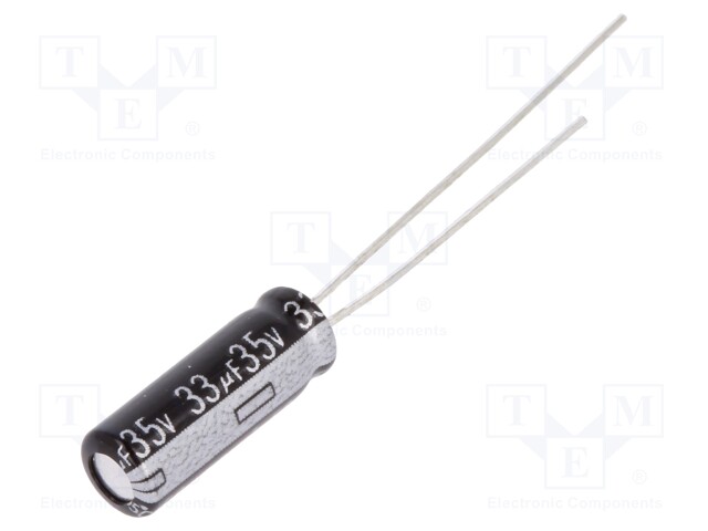 Capacitor: electrolytic; THT; 33uF; 35VDC; Ø5x15mm; Pitch: 2mm; ±20%