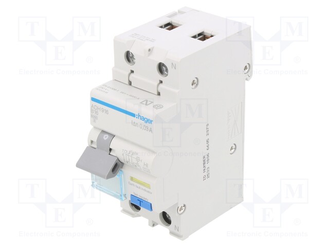 RCBO breaker; Inom: 16A; Ires: 30mA; Max surge current: 250A; IP20