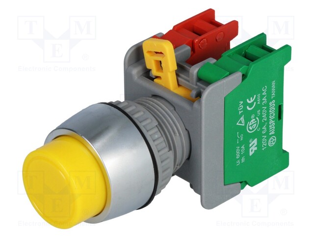 Switch: push-button; Stabl.pos: 1; NC + NO; 3A/230VAC; 22mm; yellow