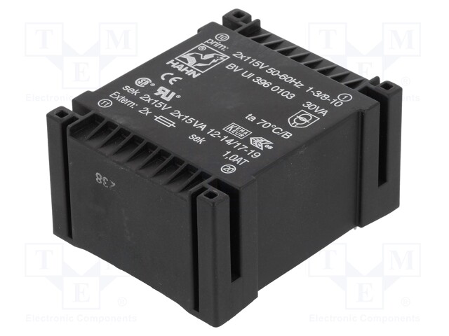 Transformer: encapsulated; 30VA; 115/115VAC; 15V; 15V; 1000mA; 550g