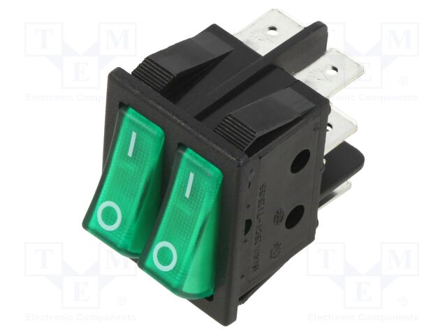 ROCKER; SPST x2; Pos: 2; ON-OFF + ON-OFF; 16A/250VAC; green; 20mΩ