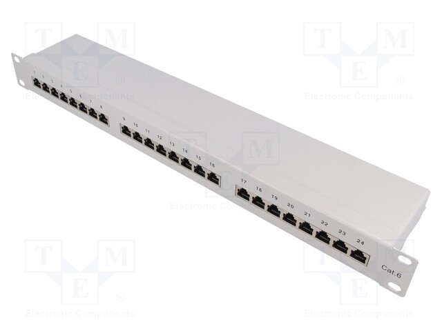 Patch panel; RJ45; Cat: 6; RACK; Colour: grey; Number of ports: 24