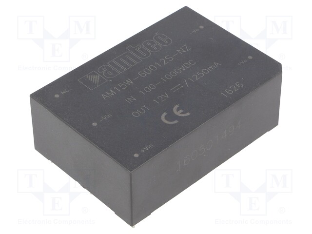 Converter: DC/DC; 15W; Uin: 100÷1000V; 12VDC; Iout: 1.25A; 3"x2"