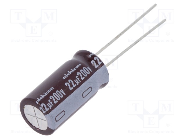 Capacitor: electrolytic; THT; 22uF; 200VDC; Ø10x20mm; Pitch: 5mm
