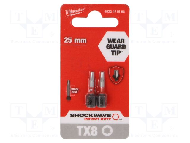 Screwdriver bit; Torx®; TX08; Overall len: 25mm; 2pcs; Kind: impact