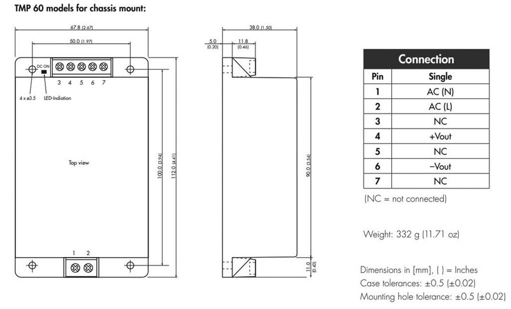 Converter: AC/DC; 60W; Uout: 24VDC; Iout: 2.5A; 84%; Series: TMP 60