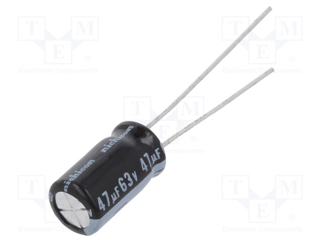 Capacitor: electrolytic; THT; 47uF; 63VDC; Ø6.3x11mm; Pitch: 2.5mm