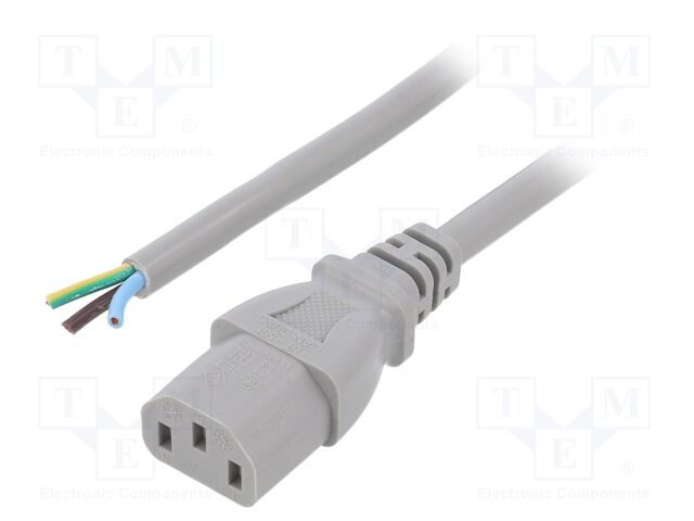 Cable; 3x1mm2; IEC C13 female,wires; PVC; 3m; grey; 10A; 250V