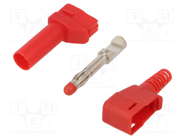 Plug; 4mm banana; 32A; red; angled,insulated; nickel plated