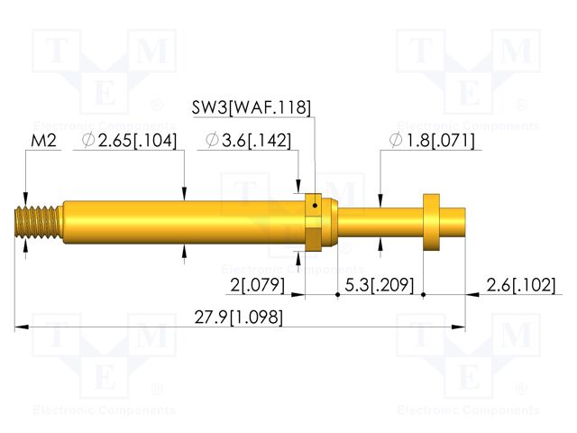 Test needle; Spring compression: 4mm; 5mm; 8A; CuBe; gold-plated