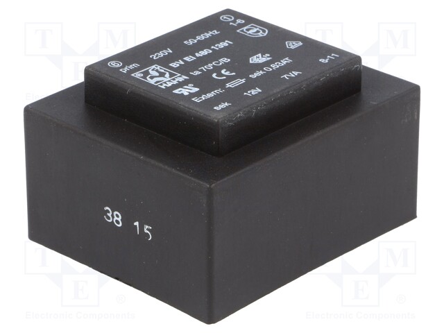 Transformer: encapsulated; 7VA; 230VAC; 12V; 583mA; Mounting: PCB