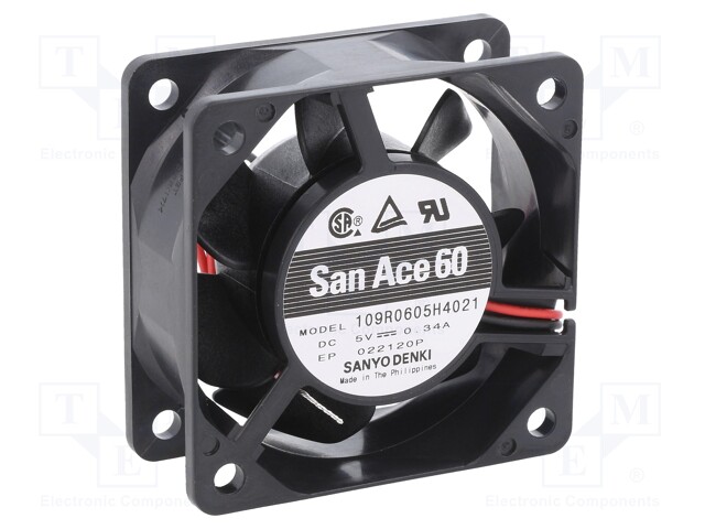 Axial Fan, 5 V, DC, 60 mm, 25 mm, 18.7 cu.ft/min, 0.53 m³/min