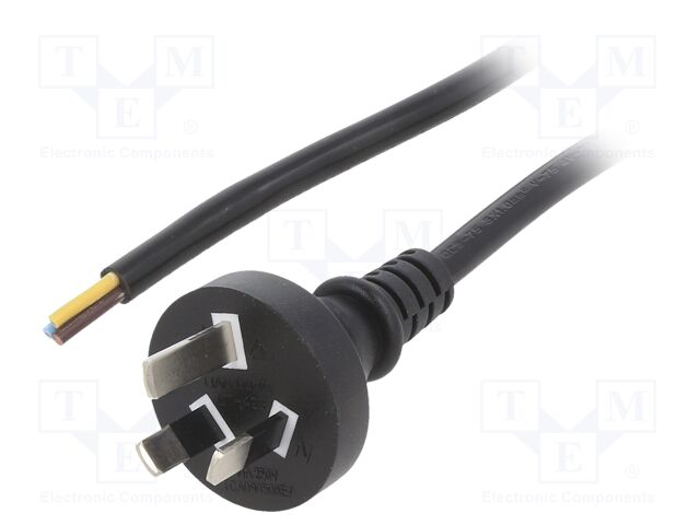 Cable; 3x0.75mm2; AS/NZS 3112 (I) plug,wires; PVC; 1m; black; 10A
