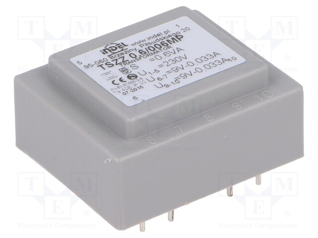 Transformer: encapsulated; 0.6VA; 230VAC; 9V; 9V; 0.033A; 0.033A