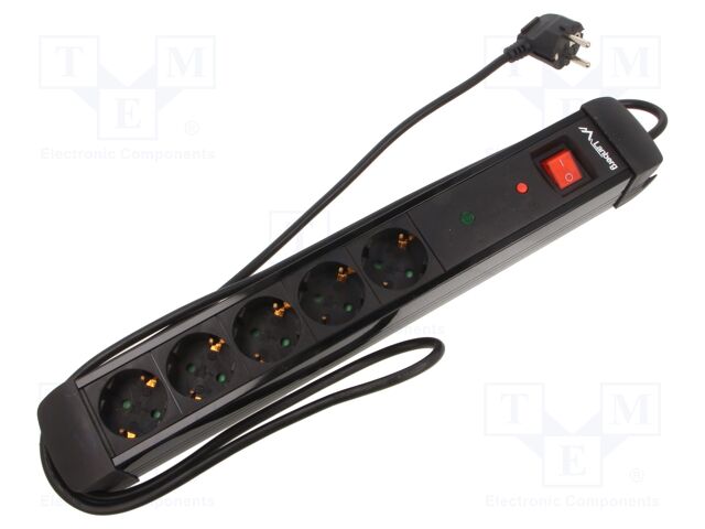 Plug socket strip: protective; Sockets: 5; 230VAC; 10A; black; 1.5m