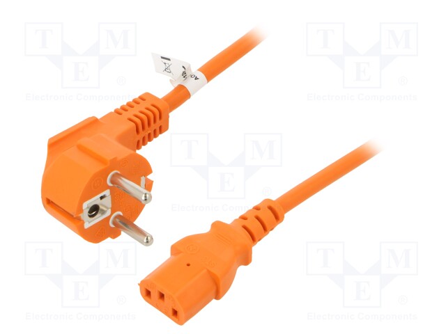 Cable; CEE 7/7 (E/F) plug angled,IEC C13 female; PVC; 5m; orange