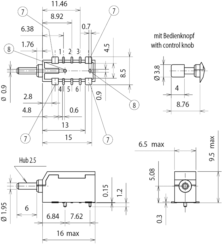 Switch: push-button; Pos: 2; DPDT; 0.5A/60VAC; 0.5A/60VDC; 5N; round