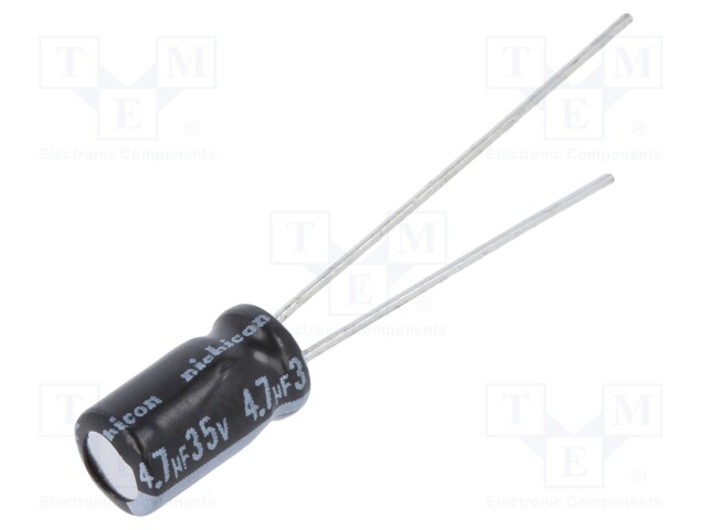 Capacitor: electrolytic; THT; 4.7uF; 35VDC; Ø5x9mm; Pitch: 2mm; ±20%