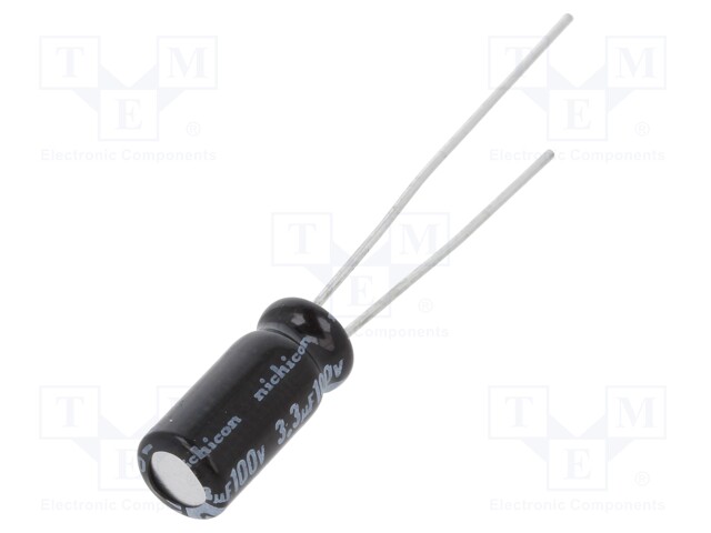Capacitor: electrolytic; THT; 3.3uF; 100VDC; Ø5x11mm; Pitch: 2mm