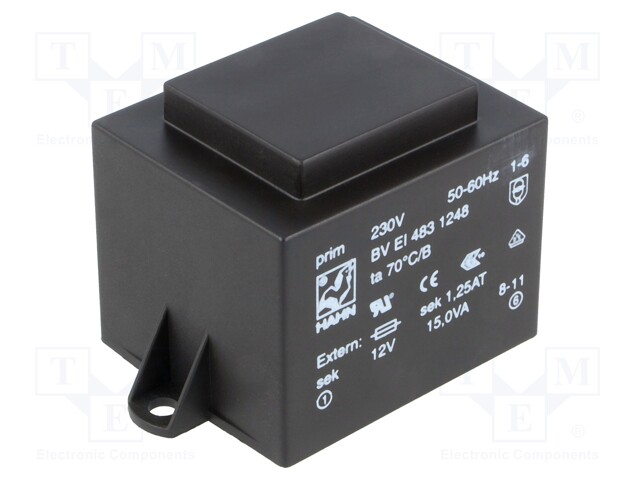 Transformer: encapsulated; 15VA; 230VAC; 12V; 1250mA; Mounting: PCB