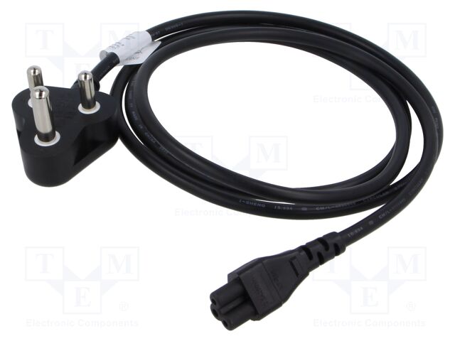 Cable; 3x0.75mm2; IEC C5 female,IS 1293 (M) plug; PVC; 1.8m; 2.5A