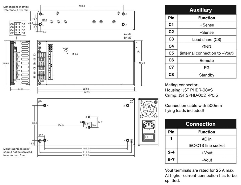 Power supply: switched-mode; modular; 600W; 48VDC; 222x105x44mm