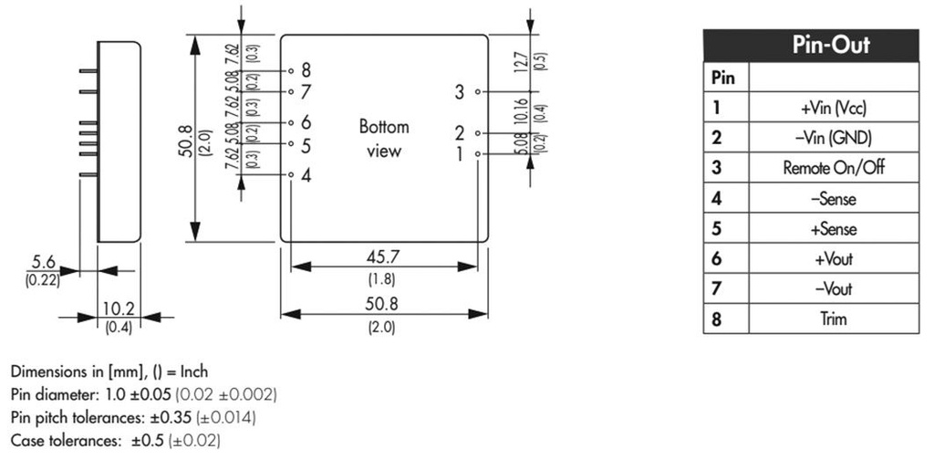 Converter: DC/DC; 60W; Uin: 18÷36V; 12VDC; Iout: 5000mA; 2"x2"; 60g