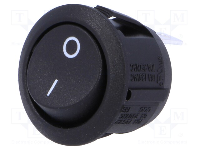 ROCKER; SPST; Pos: 2; OFF-(ON); 10A/250VAC; black; none; 50mΩ
