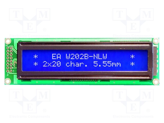 Display: LCD; alphanumeric; STN Negative; 20x2; blue; 116x37mm; LED