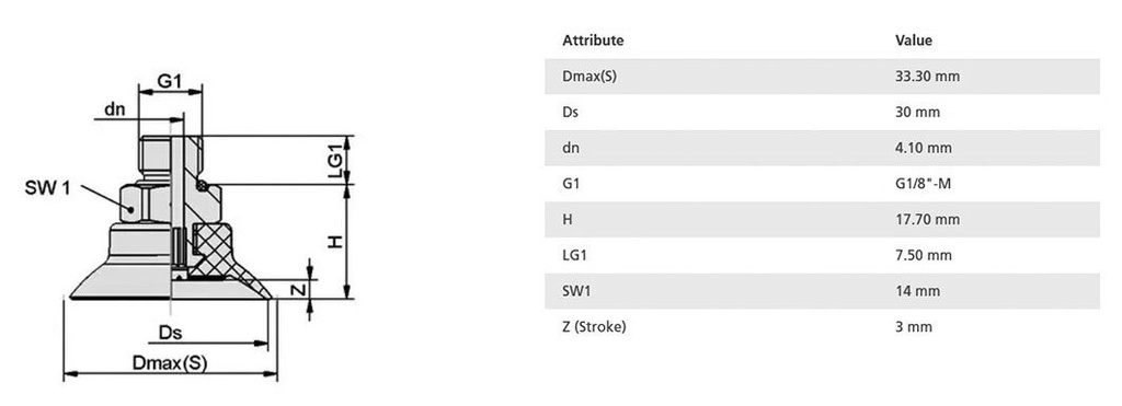Suction cup; 30mm; 11.2g; G 1/8 M; Shore hardness: 60; 1.6cm3; SUF