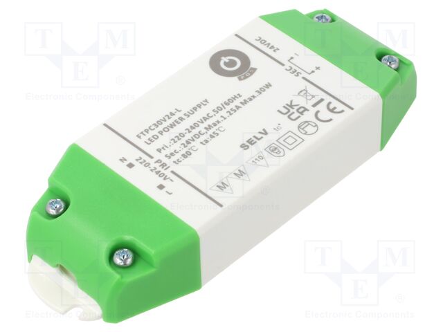 Power supply: switching; LED; 30W; 24VDC; 0÷1.25A; 200÷240VAC; IP20