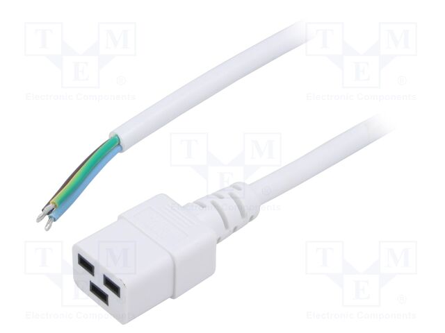 Cable; 3x1.5mm2; IEC C19 female,wires; PVC; Len: 3m; white; 16A