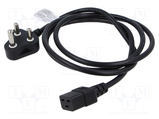 Cable; 3x1.5mm2; IEC C19 female,IS 1293 (M) plug; PVC; 1.8m; 16A